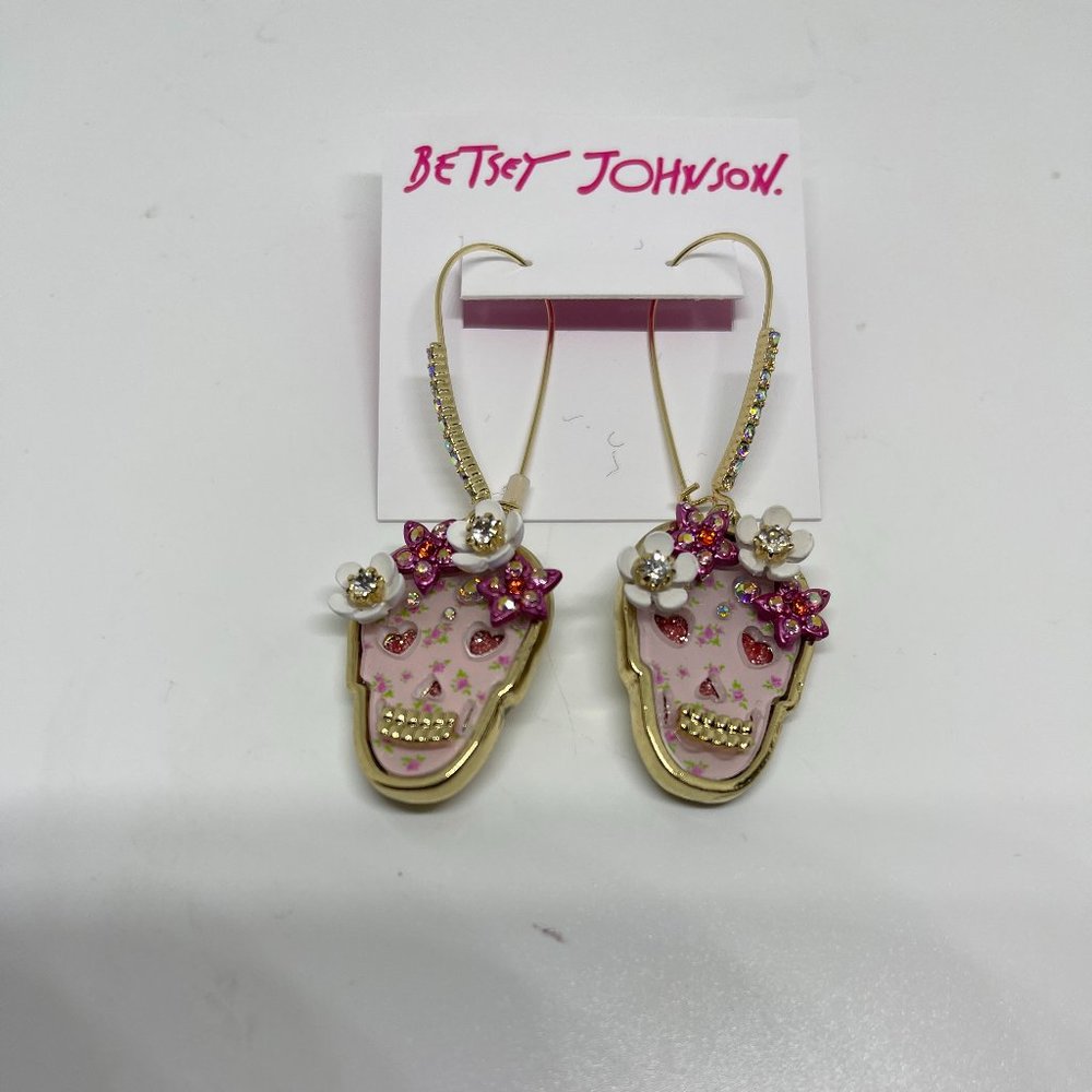 Betsey Johnson Floral Skull Dangle Earrings - Picture 2 of 3